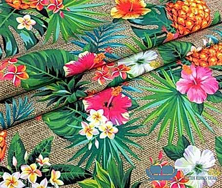 Ananas ve Çiçek Desenli Çuval Efektli Koltuk Döşeme Kumaşı