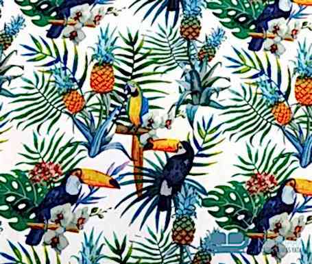 Beyaz Ananaslı Tukan Desenli Döşemelik Kumaş