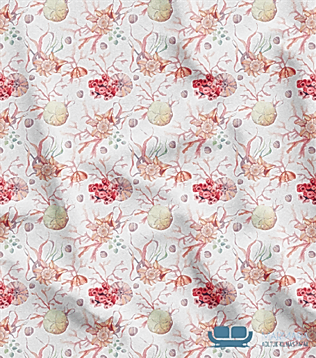 Beyaz Kırmızı Tonlu Mercan Desenli Döşemelik Kumaş