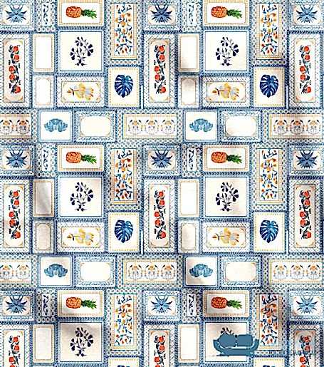 Beyaz Kolaj Desenli Döşemelik Kumaş