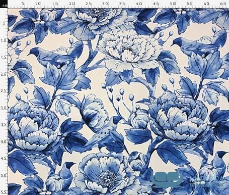 Beyaz Mavi Büyük Çiçek Desenli Koltuk Döşeme Kumaşı