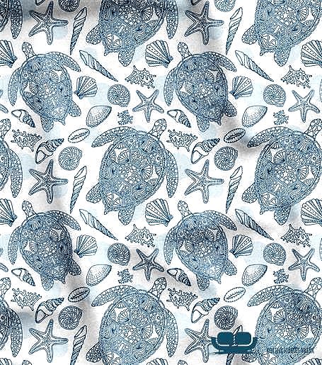 Beyaz Mavi Kaplumbağa Desenli Koltuk Döşeme Kumaşı