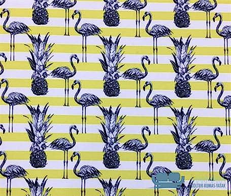 Beyaz Sarı Çizgili Zemin Flamingo Tropikal Perdelik Kumaş