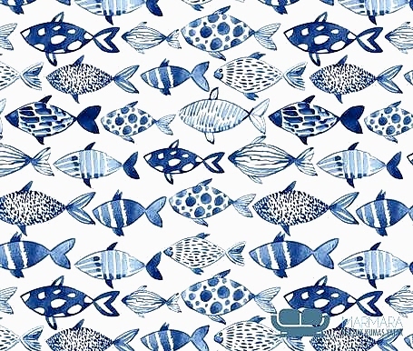 Beyaz Suluboya Mavi Balık Döşemelik Kumaş