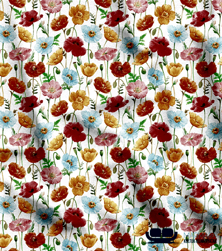 Beyaz Üzeri Renkli Gelincik Çiçek Desenli Döşeme Kumaşı