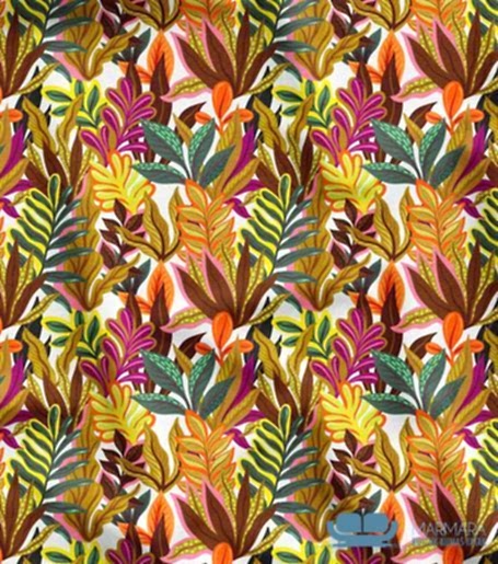 Beyaz Zemin Tropik Renkli Yaprak Desenli Perde Kumaşı