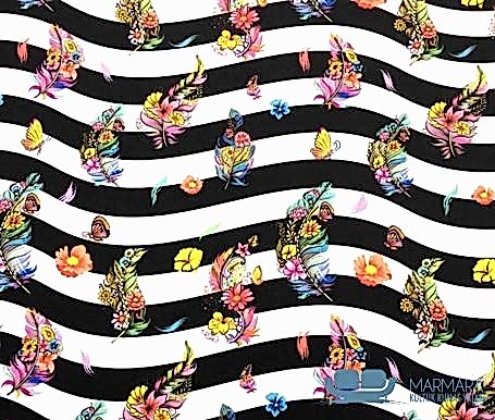 Çizgili Fon Çiçekli Tüyler Desenli Döşemelik Kumaş