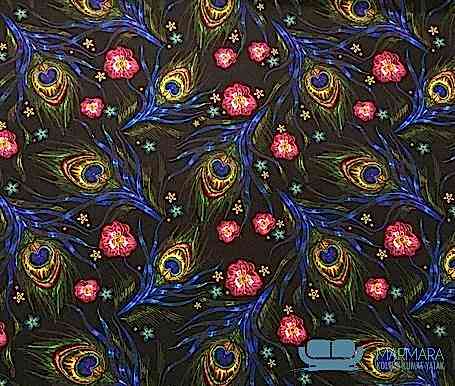 Koyu Fon Çiçekli Tavus Kuşu Tüyü Desenli Koltuk Kumaşı