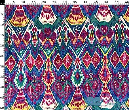 Mavi Fuşya Geleneksel İkat Desenli Döşemelik Kumaş