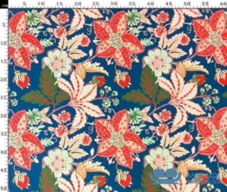 Mavi Kırmızı Çiçek ve Yaprak Desenli Koltuk Kumaşı