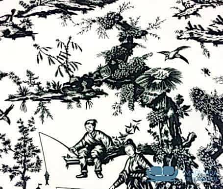 Siyah Beyaz Japon Çini Motifli Döşemelik Kumaş