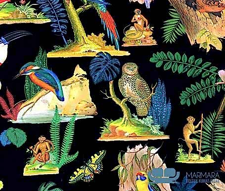 Siyah Fon Renkli Orman Kuşları Desenli Koltuk Kumaşı