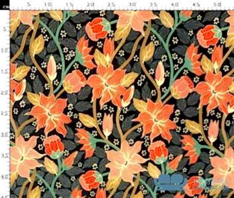 Siyah Zemin Turuncu Çiçekli Döşeme Kumaşı