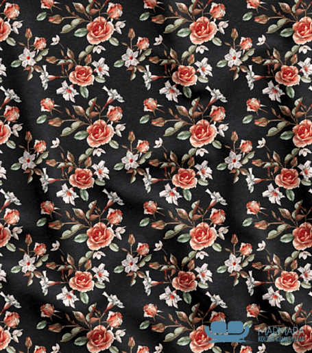 Siyah Zemin Üzeri Klasik Kırmızı Gül Desenli Döşemelik Kumaş