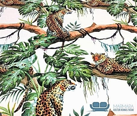 Beyaz Botanik Leopar Desenli Döşemelik Kumaş