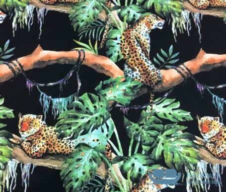 Siyah Botanik Leopar Desenli Döşemelik Kumaş