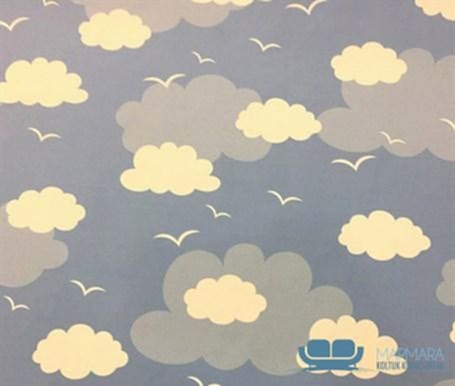 Beyaz Mavi Bulut Desenli Döşemelik Kumaş