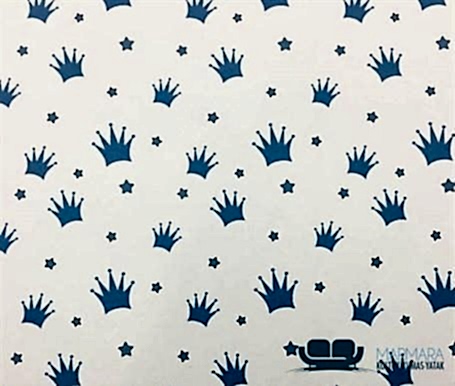 Beyaz Mavi Taç Desenli Döşeme Kumaşı