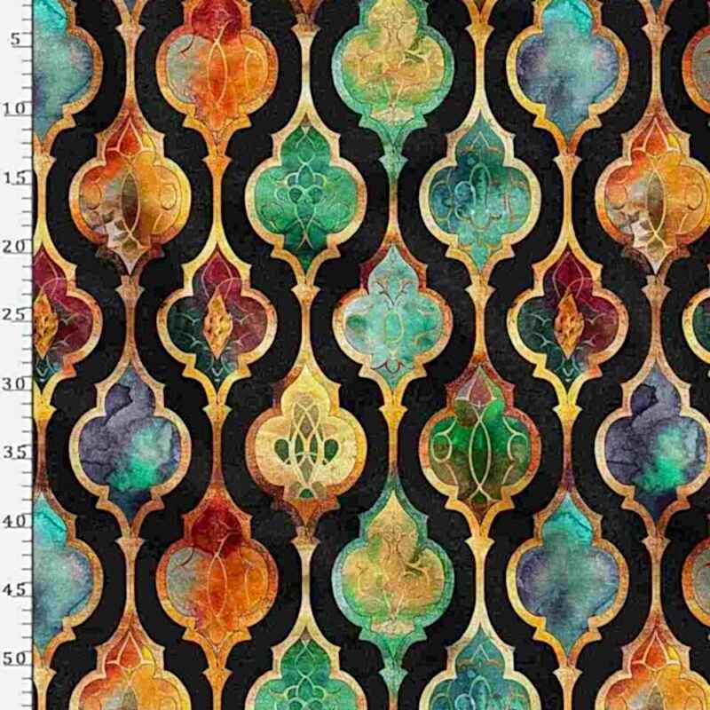 altin-konturlu-renkli-siyah-zemin-geometrik-dosemelik-kumas-modeli