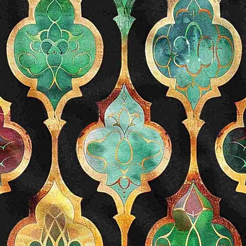 altin-konturlu-renkli-siyah-zemin-geometrik-dosemelik-kumas-modeli-lux-tasarim